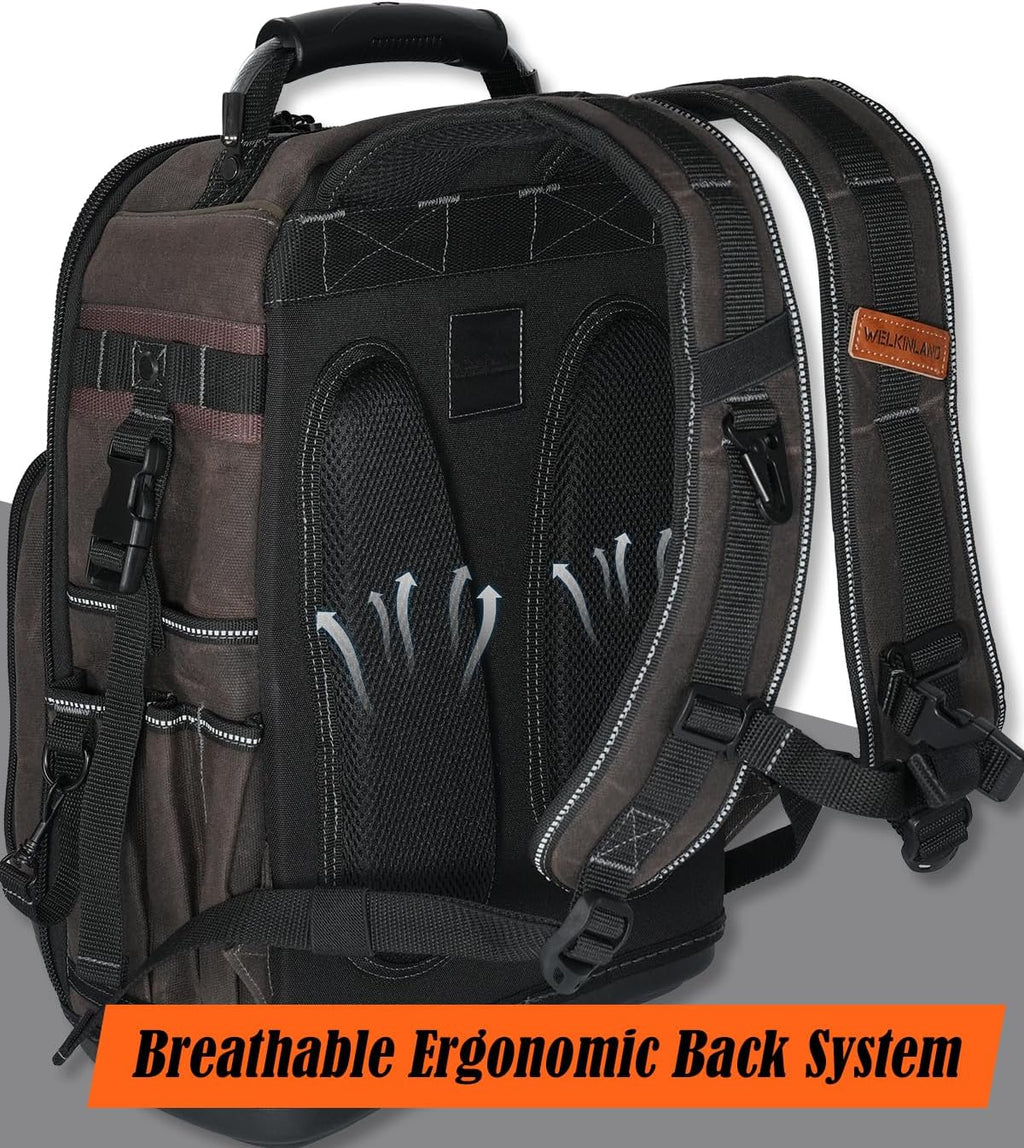 Sac à dos d'électricien WELKINLAND à 36 poches, sac à dos rigide destiné à techniciens CVC, sac à dos en toile cirée destiné à techniciens, sac à dos à équipements robuste destiné à hommes