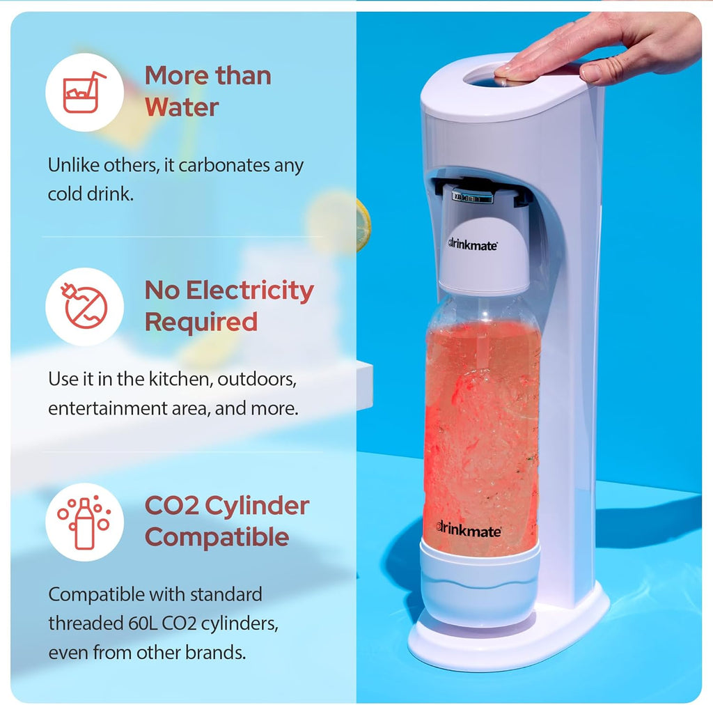 Ensemble de production de boissons gazeuses Drinkmate OmniFizz doté de cartouches de CO2 - Machine à eau pétillante/soda qui gazéifie toutes vos boissons - Comprend 4 cartouches de CO2, 1 bouteille de gazéification et 1 infuseur à bulles