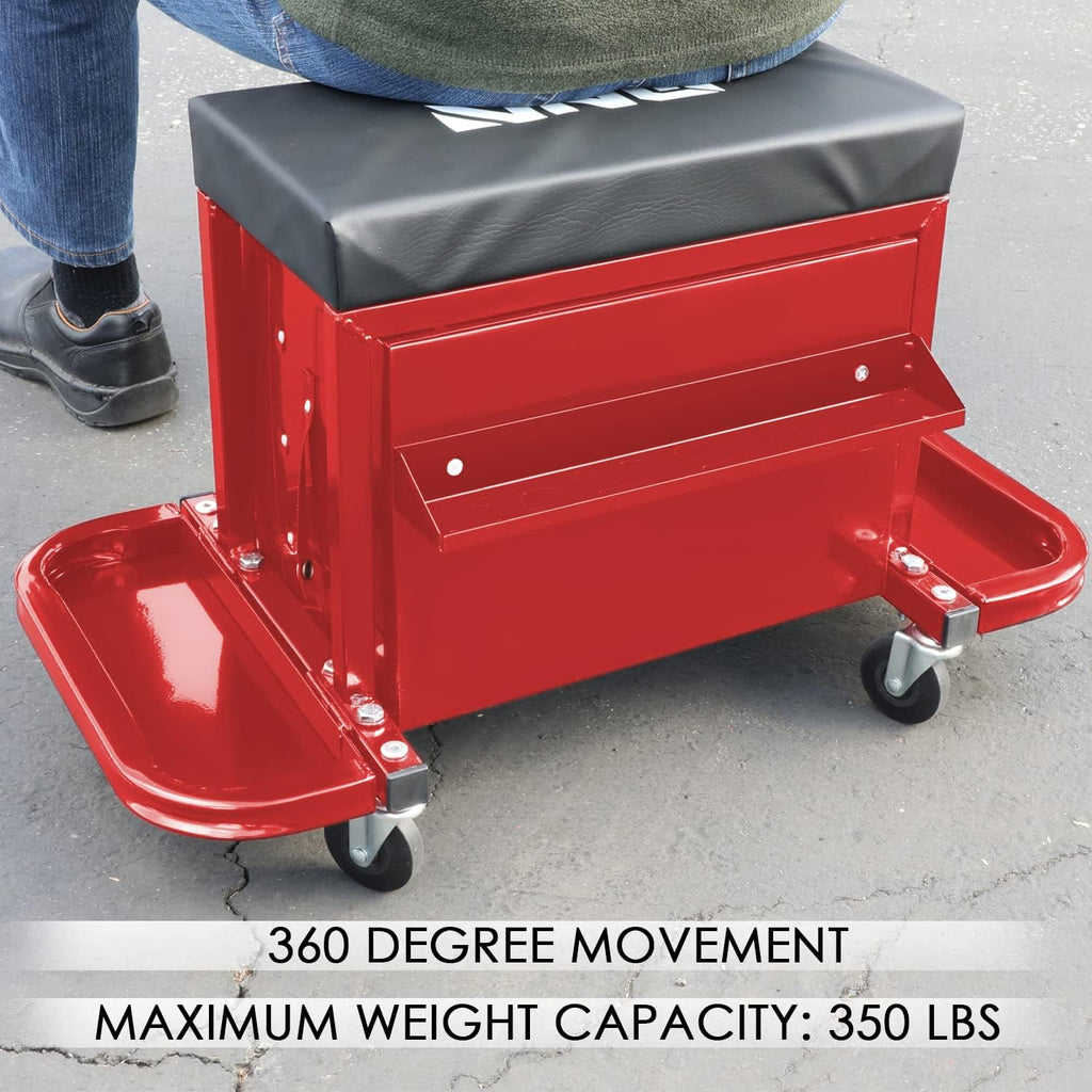 Coffre à outils à 3 tiroirs DNA Motoring TOOLS-00261 avec siège de mécanicien roulant et plateaux à outils, capacité de charge maximale de 159 kg (350 lb), rouge – Pratique