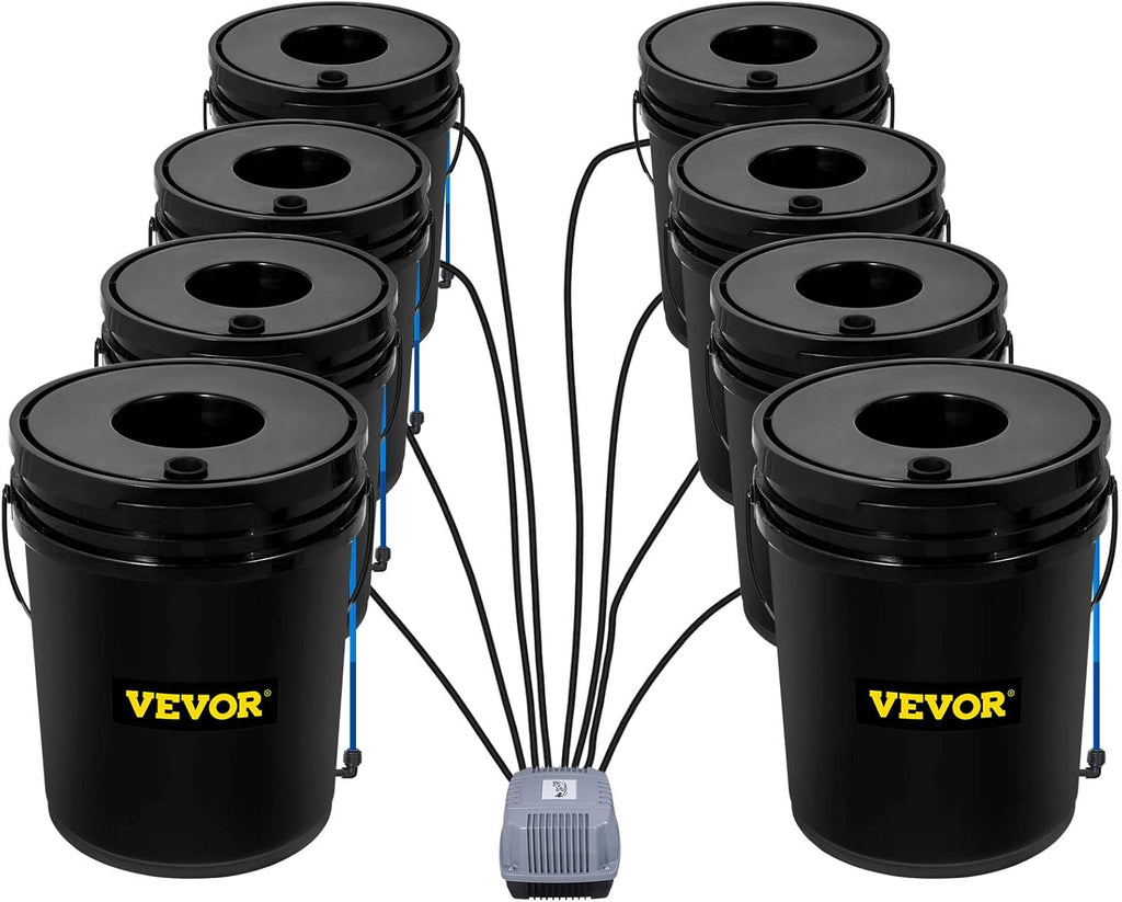 Système hydroponique VEVOR DWC 5 gallons (19 litres) doté de 8 seaux, kit de culture hydroponique en eau profonde, pompe, pierre à air et dispositif de contrôle du niveau d'eau destiné à légumes-feuilles d'intérieur/extérieur