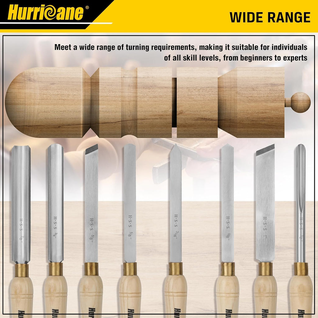 Ensemble de 8 ciseaux à bois HURRICANE destiné à tour à bois, équipements de tournage M2 HSS doté de 10 manches en bois massif, ensemble d'équipements destiné à débutants et bricoleurs, coffret de protection en bois inclus.