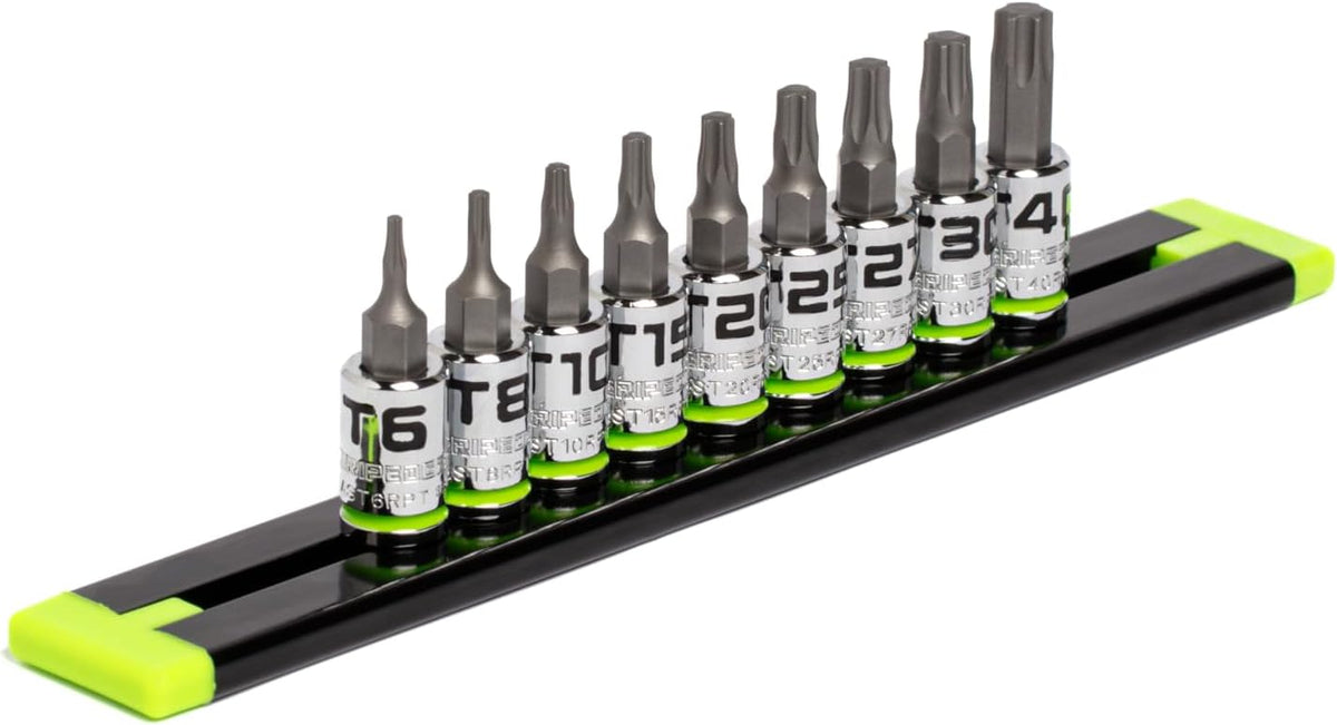 équipements GRIPEDGE | Ensemble de 9 tournevis Torx RPT | Tailles T6 à T40 | Entraînement 1/4" | Fabriqué en acier S2 | Comprend un rail de douilles en aluminium de qualité supérieure |