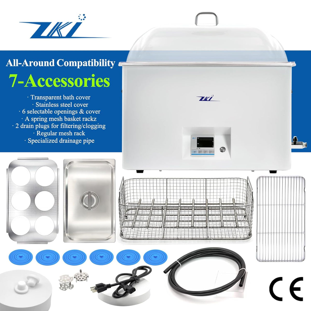 Bain-marie de laboratoire ZKI 20L, bain-marie thermostatique de laboratoire 1500W, précision ±0,2°C et résolution 0,1°C, 14 modules chauffants à répartition uniforme de la chaleur, kit de 9 pièces destiné à une utilisation en laboratoire...