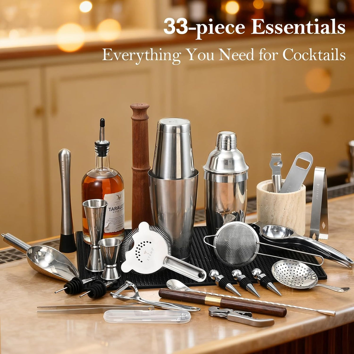 Ensemble de barman pour usage professionnel ETENS 33 pièces doté de shaker Boston lesté – Ensemble de mixologie haut de gamme destiné à bar à domicile – Ensemble d'ustensiles de bar en acier inoxydable comprenant un presse-agrumes incassable, une...