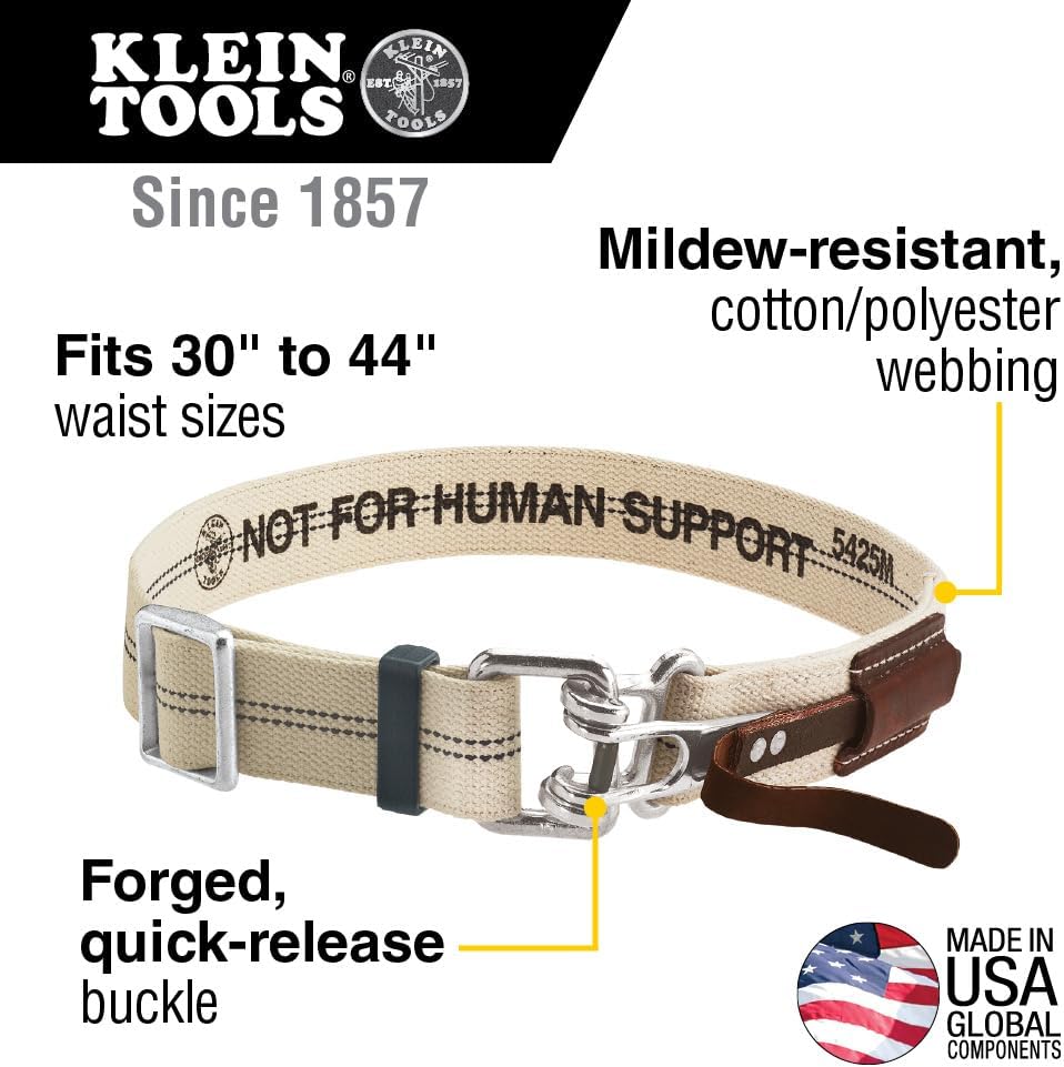 Ceinture porte-équipements Klein Tools 5425M, ceinture de travail en coton/polyester, boucle à dégagement rapide destiné à ferrailleurs, ouvriers du bâtiment, charpentiers, menuisiers, électriciens, taille M