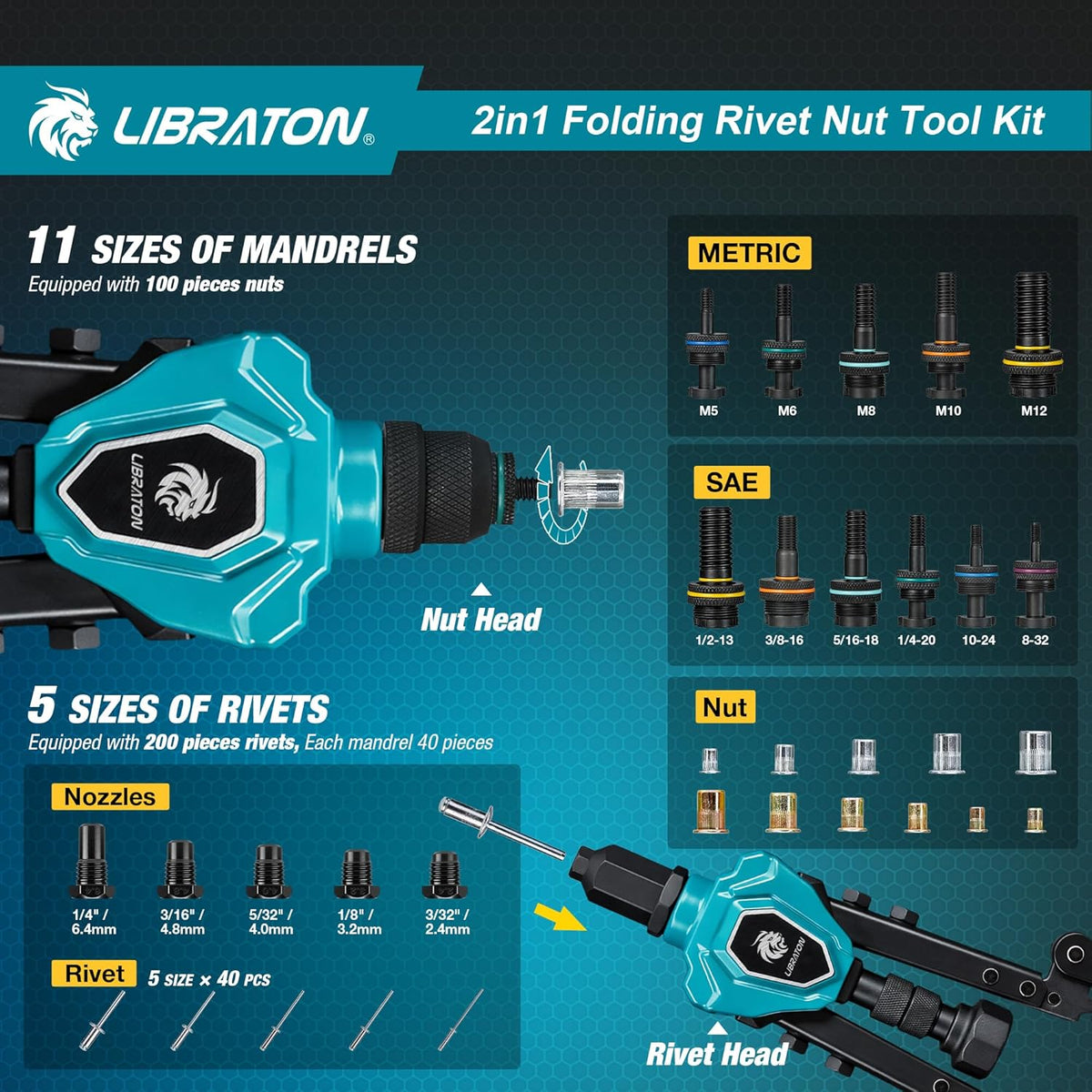 Kit LIBRATON 2 en 1 destiné à rivets et riveteuses, pliable, doté de 11 mandrins (métriques et SAE) et 5 embouts (2,4-6,4 mm), incluant 100 écrous et 200 rivets pop. Dispositif manuel pliable et robuste destiné à le bricolage et la réparation.