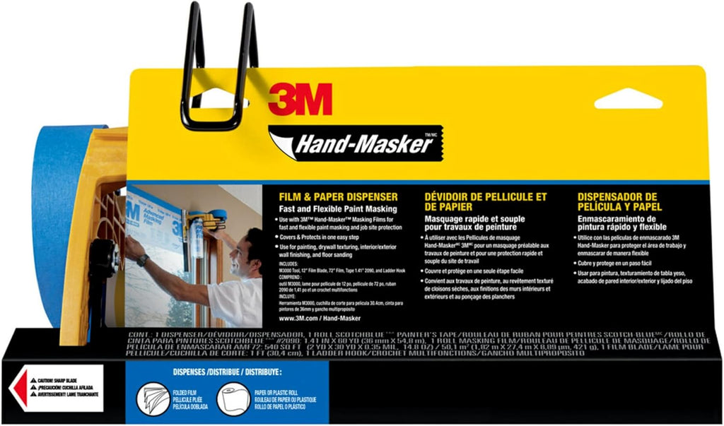 Ensemble de ruban de masquage et de poseur de film de masquage 3M Hand-Masker M3000 : protège les surfaces des éclaboussures de peinture. Comprend une lame de 30 cm, du ruban de masquage et du film de masquage. 1 kit