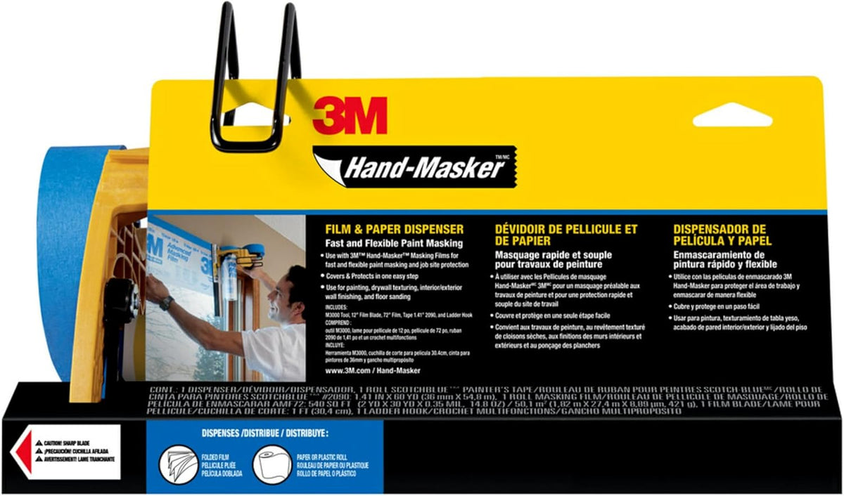 Ensemble de ruban de masquage et de poseur de film de masquage 3M Hand-Masker M3000 : protège les surfaces des éclaboussures de peinture. Comprend une lame de 30 cm, du ruban de masquage et du film de masquage. 1 kit