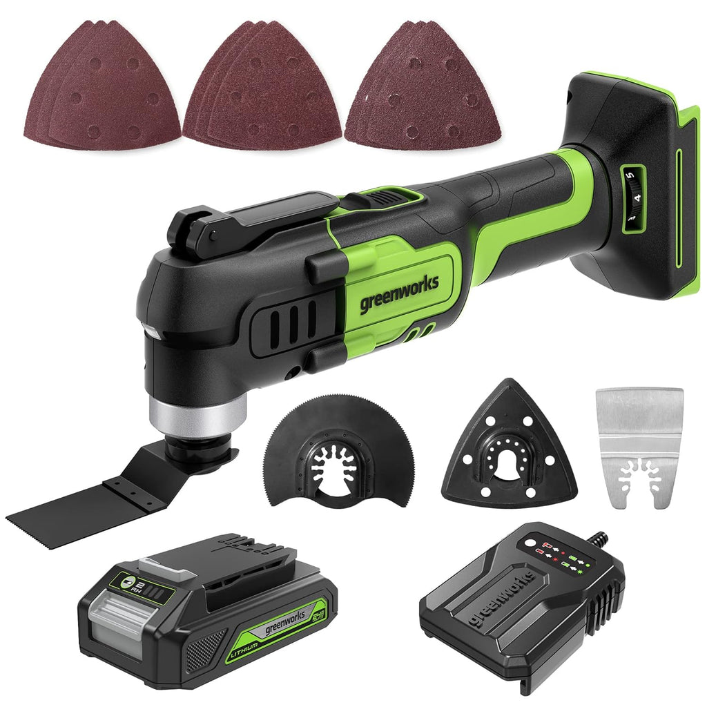 Dispositif multifonction sans fil Greenworks 24 V, outil oscillant destiné à couper, clouer, gratter et poncer, doté de 6 vitesses variables, batterie 2,0 Ah, chargeur 2 A et 13 accessoires inclus.