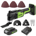 Dispositif multifonction sans fil Greenworks 24 V, outil oscillant destiné à couper, clouer, gratter et poncer, doté de 6 vitesses variables, batterie 2,0 Ah, chargeur 2 A et 13 accessoires inclus.