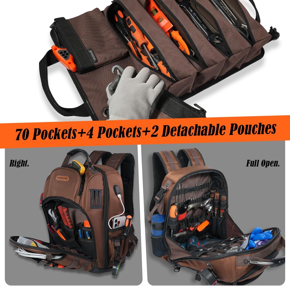 Sac à dos à équipements CVC WELKINLAND 70 poches doté de trousse à équipements, sac à dos électrique 4 pièces doté de trousse à équipements, sac à dos d'électricien à fond rigide, sac à dos à équipements robuste destiné à hommes