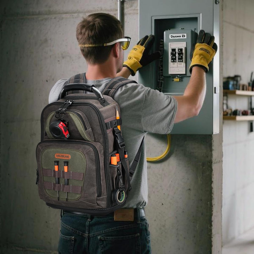 Sac à dos d'électricien WELKINLAND à 36 poches, sac à dos rigide destiné à techniciens CVC, sac à dos en toile cirée destiné à techniciens, sac à dos à équipements robuste destiné à hommes