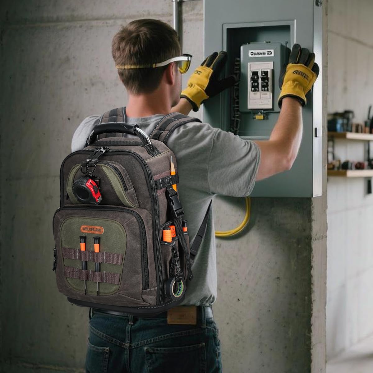 Sac à dos d'électricien WELKINLAND à 36 poches, sac à dos rigide destiné à techniciens CVC, sac à dos en toile cirée destiné à techniciens, sac à dos à équipements robuste destiné à hommes