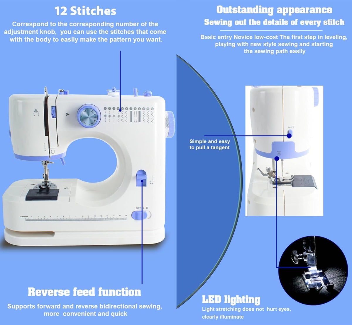 Machine à coudre destiné à débutants doté de kit de couture de 42 pièces, 12 points intégrés, deux vitesses et un éclairage LED.