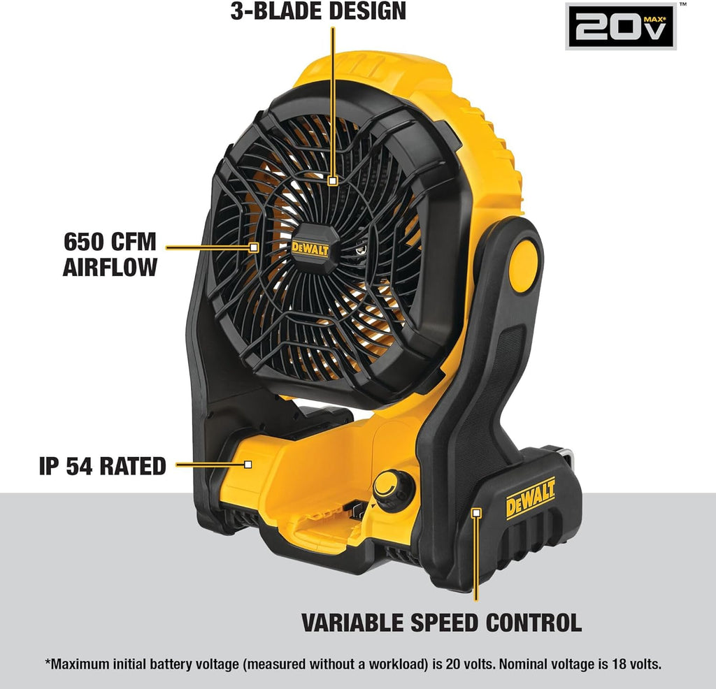 Ventilateur portable DEWALT 20V MAX, ventilateur d'atelier sans fil rechargeable sur batterie, jusqu'à 4,5 heures d'autonomie, vitesse variable, 650 CFM, outil seul (DCE512B) – sélection pratique