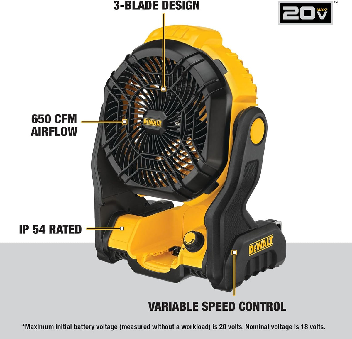 Ventilateur portable DEWALT 20V MAX, ventilateur d'atelier sans fil rechargeable sur batterie, jusqu'à 4,5 heures d'autonomie, vitesse variable, 650 CFM, outil seul (DCE512B) – sélection pratique
