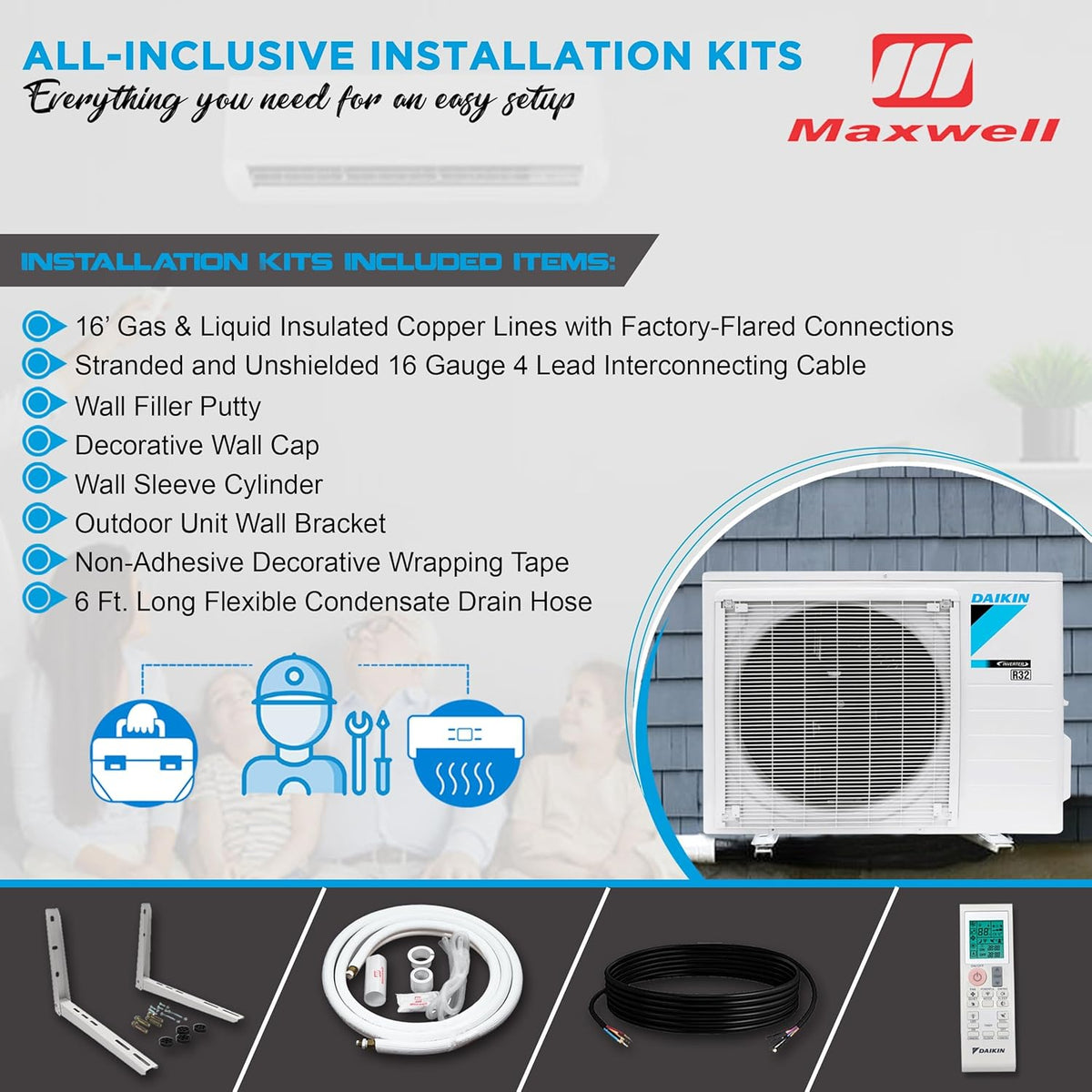 Système de pompe à chaleur mini-split sans conduit Daikin Entra R32 Series 12 000 BTU 18 SEER2 doté de kit d'installation tout inclus Maxwell de 4,57 m et support de montage mural (230 V), blanc, RXC12+FTXC12+IKM1438+WAFP24