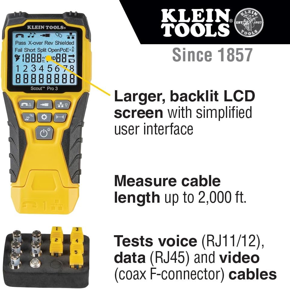 Ensemble de testeur de câbles Klein Tools VDV501-851 doté de Scout Pro 3 destiné à câbles Ethernet/données, coaxiaux/vidéo et téléphoniques, 5 télécommandes de localisation