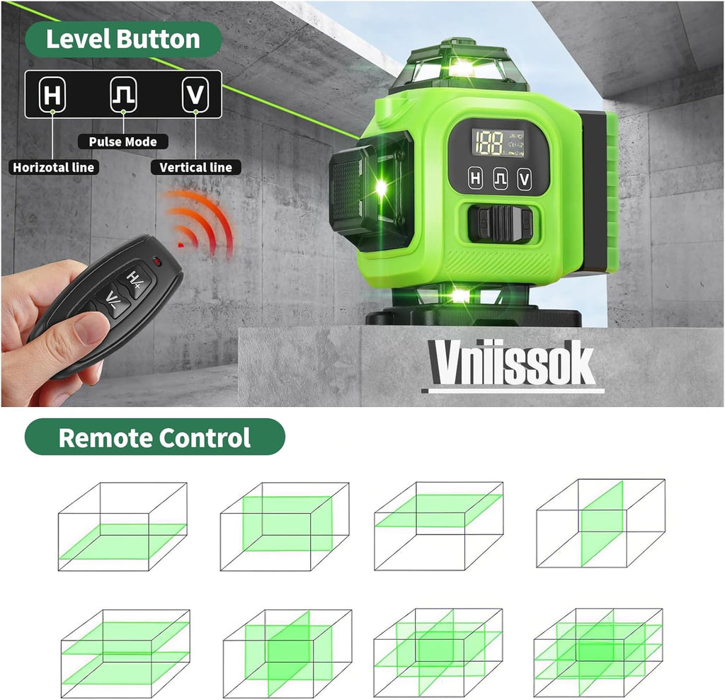Niveau laser 16 lignes à nivellement automatique 360°, niveau laser pour usage professionnel 4D à lignes croisées vertes 4x360° doté de 2 piles, destiné à la construction et l'accrochage de tableaux, outil de nivellement horizontal (vert)