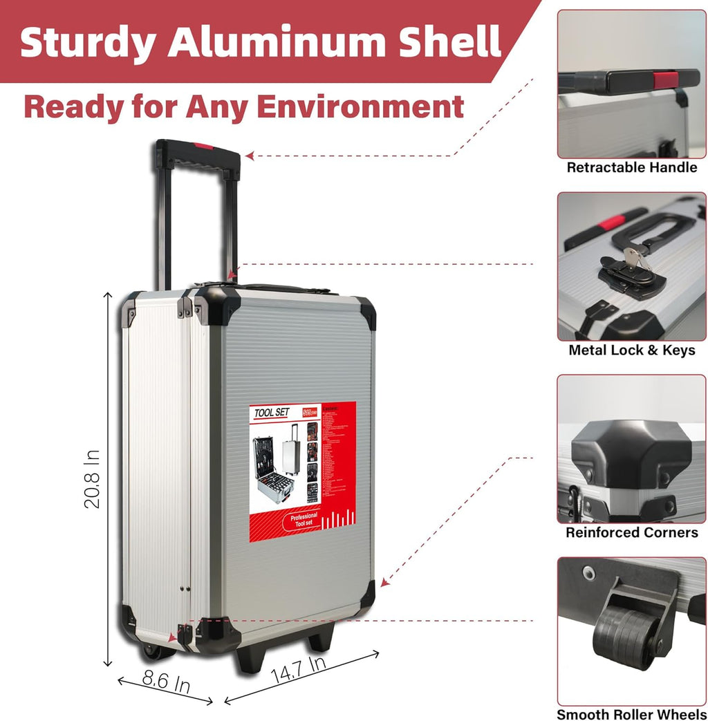Coffret à équipements trolley en aluminium destiné à homme, 515 pièces, comprenant 4 tiroirs et 4 équipements destiné à la maison, la voiture, le garage et l'entretien. Boîte à équipements doté de roulettes destiné à la réparation automobile.