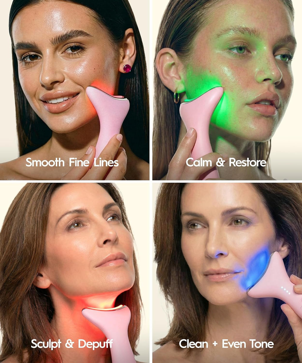 Appareil de massage facial REVO Genie destiné à le visage et le cou, lifting du visage par LED doté de chaleur et vibration, drainage lymphatique, décongestionnant, luminothérapie rouge, bleue et verte destiné à raffermir la peau et favoriser...