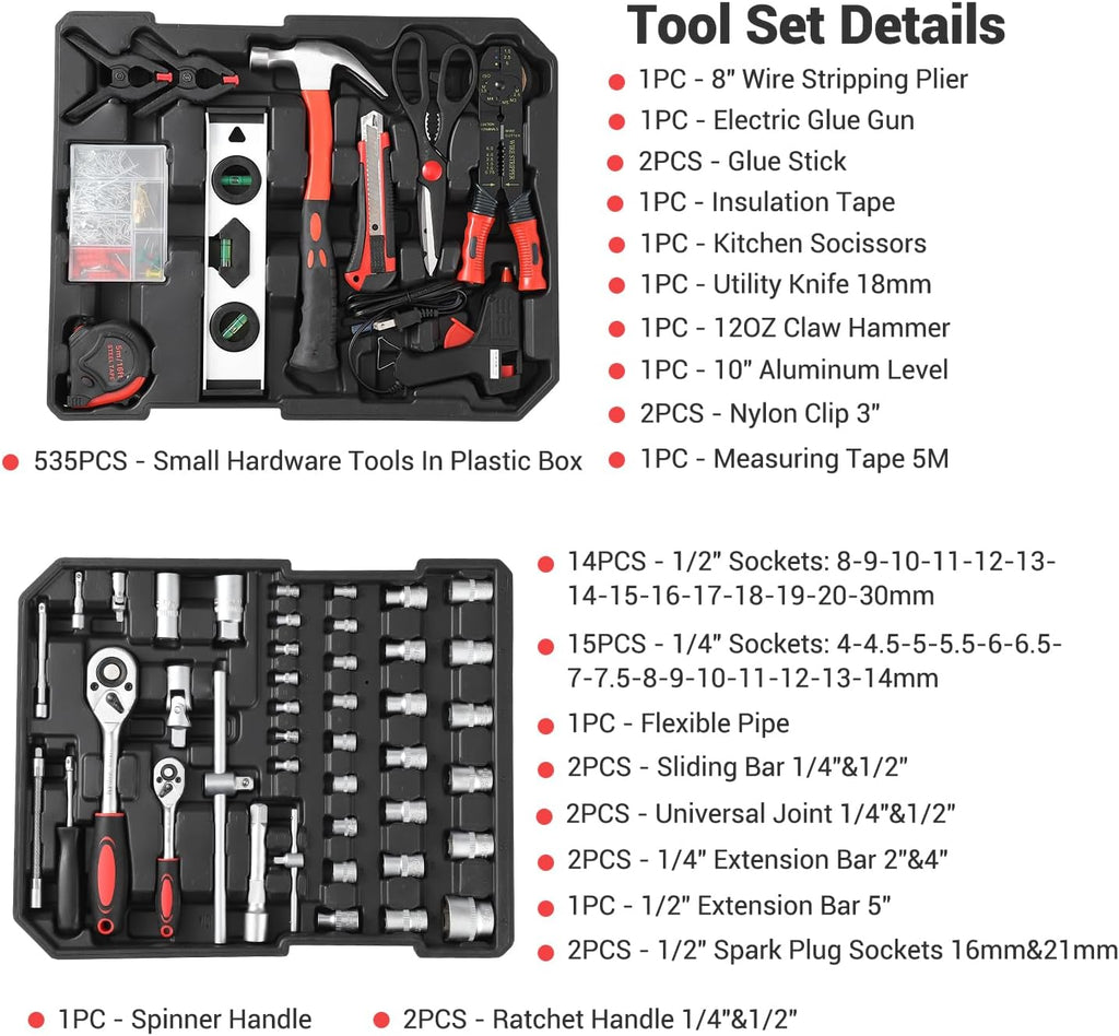 Coffret d'outils de mécanicien de 800 pièces avec valise à roulettes en aluminium, comprenant un ensemble complet de douilles et de clés, ainsi que des outils à main. Coffret à outils portable pour garage, idéale pour la réparation automobile, l'entr