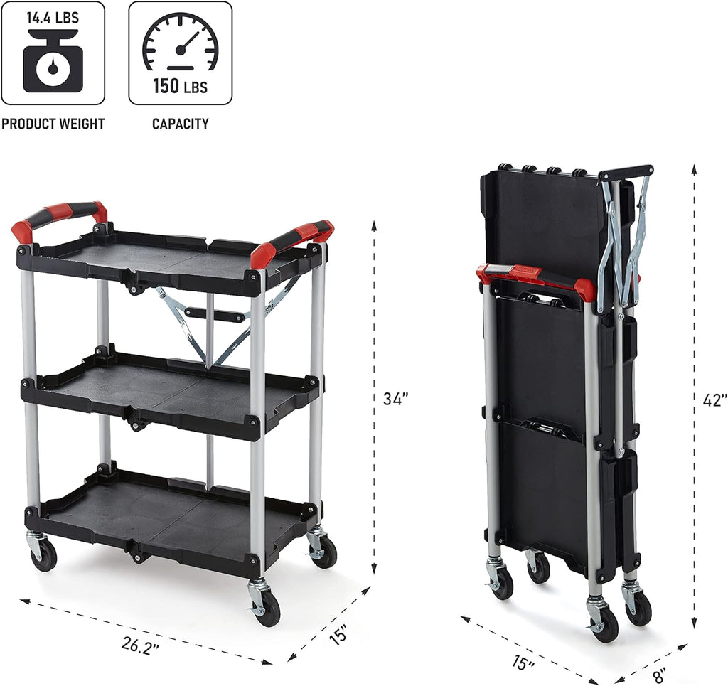 Chariot pour service pliable et escamotable Olympia Tools 410-007 Pack-N-Roll, capacité de 68 kg (150 lb), noir/rouge