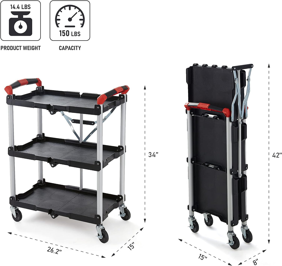Chariot pour service pliable et escamotable Olympia Tools 410-007 Pack-N-Roll, capacité de 68 kg (150 lb), noir/rouge
