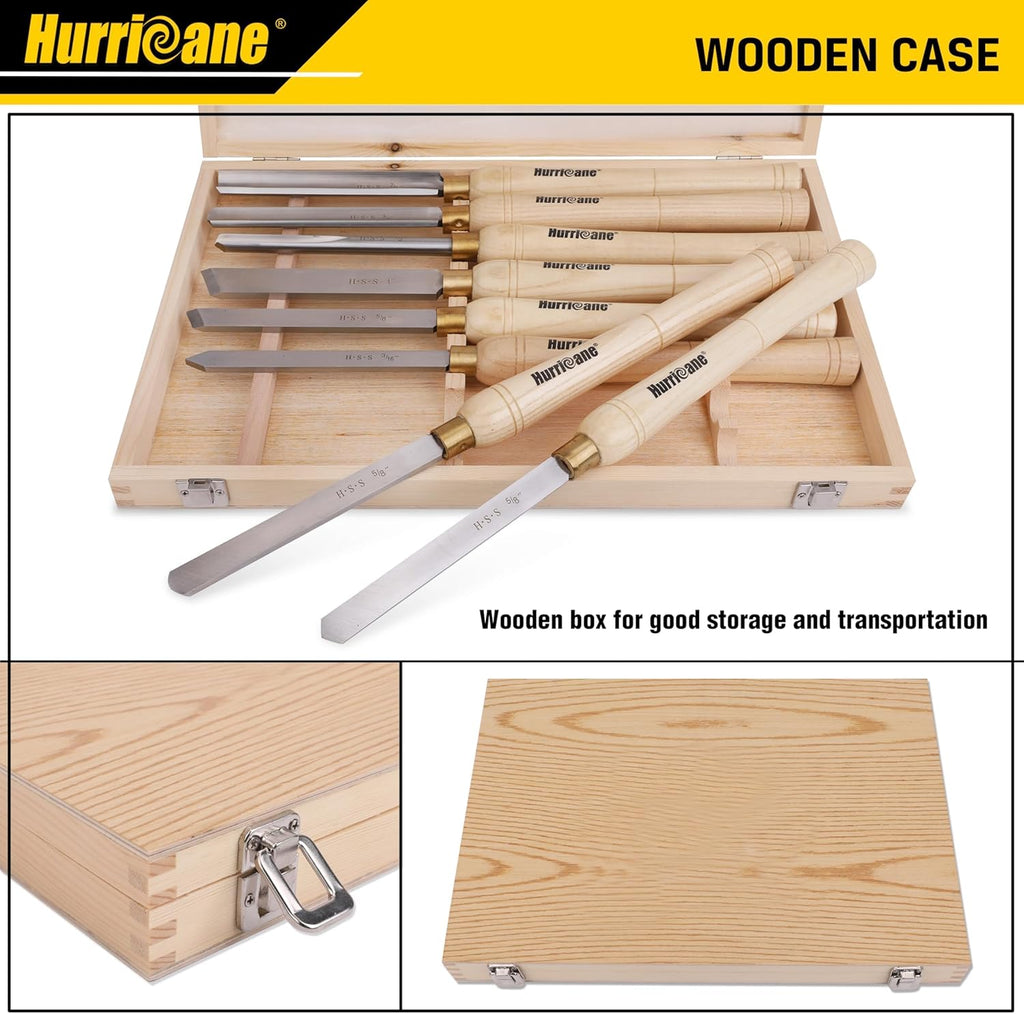 Ensemble de 8 ciseaux à bois HURRICANE destiné à tour à bois, équipements de tournage M2 HSS doté de 10 manches en bois massif, ensemble d'équipements destiné à débutants et bricoleurs, coffret de protection en bois inclus.
