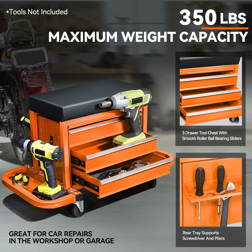 Coffre à outils à 3 tiroirs PM PERFORMOTOR avec siège de mécanicien roulant et plateaux à outils, capacité de charge maximale de 159 kg, orange, PM-TOL-RST1-OG – Pratique