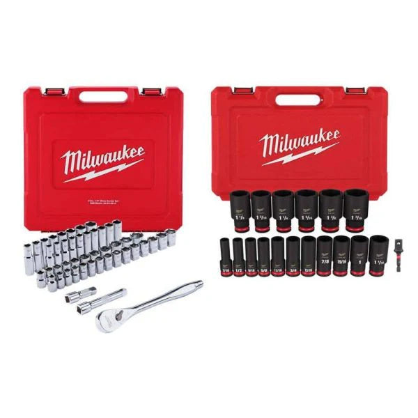 Clé à cliquet et douilles SAE/métriques 1/2 po doté de Shockwave, jeu de douilles à impact SAE 1/2 po (65 pièces)