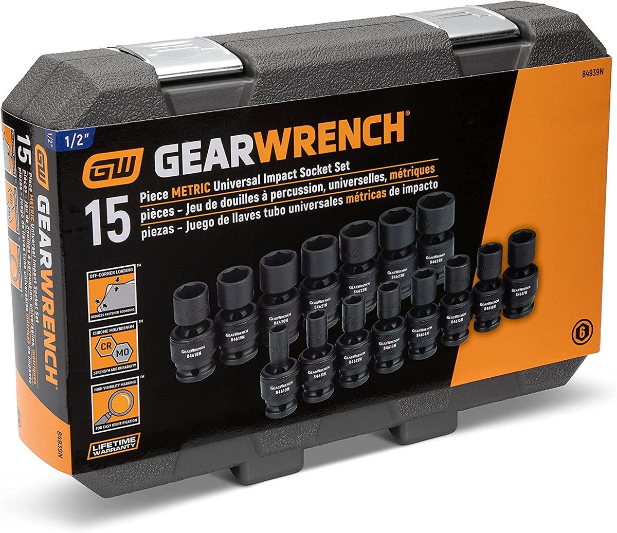 Jeu pour douilles à impact universelles métriques 6 pans 1/2 pouce GEARWRENCH (15 pièces) - 84939N