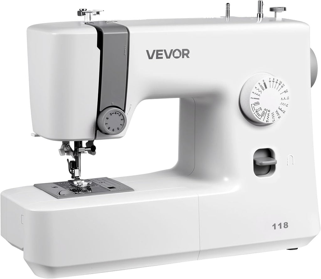 Machine à coudre VEVOR, 18 points de couture, doté de lumière LED et pédale, commande simple par molette, châssis interne en métal, machine à coudre légère et portable destiné à débutants, idéale destiné à les loisirs créatifs et les réparations.