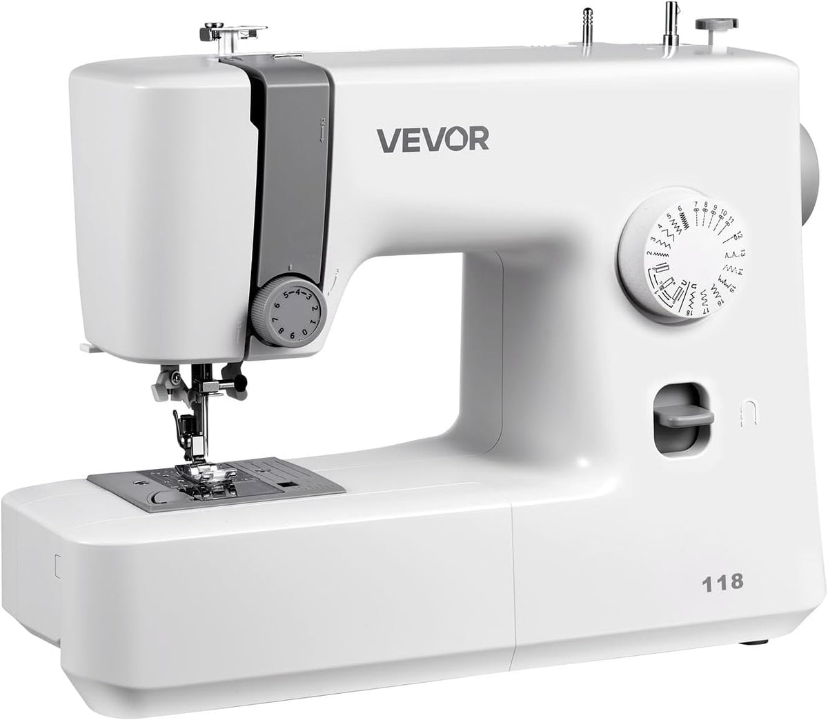 Machine à coudre VEVOR, 18 points de couture, doté de lumière LED et pédale, commande simple par molette, châssis interne en métal, machine à coudre légère et portable destiné à débutants, idéale destiné à les loisirs créatifs et les réparations.