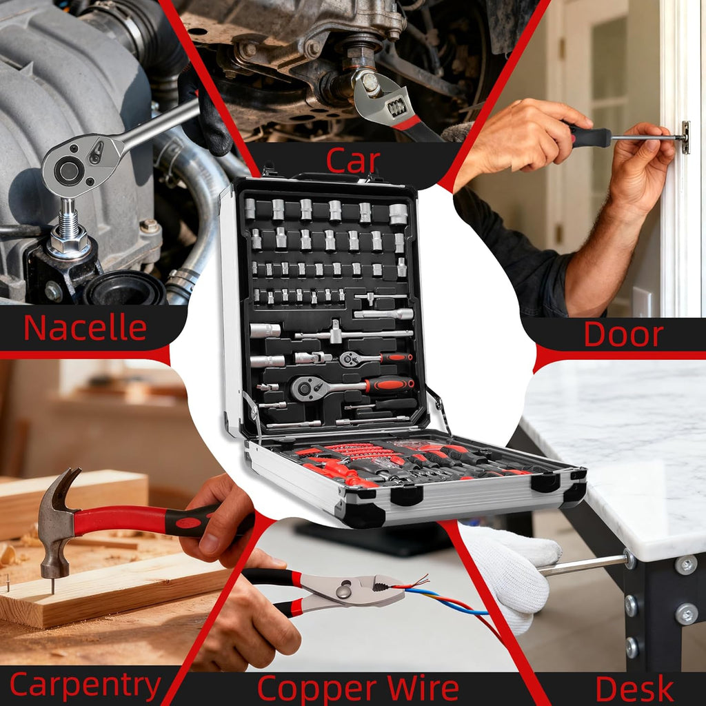 Coffret à équipements trolley en aluminium destiné à homme, 515 pièces, comprenant 4 tiroirs et 4 équipements destiné à la maison, la voiture, le garage et l'entretien. Boîte à équipements doté de roulettes destiné à la réparation automobile.