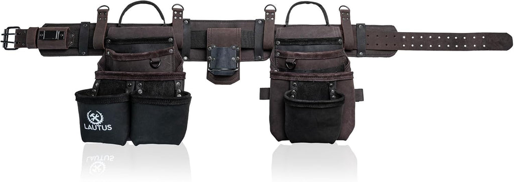 Ceinture porte-équipements LAUTUS en cuir pleine fleur robuste destiné à charpentiers, menuisiers et électriciens, 18 poches, porte-marteau, 2 anneaux en D, 2 passants, clip destiné à mètre ruban, ceinture épaisse