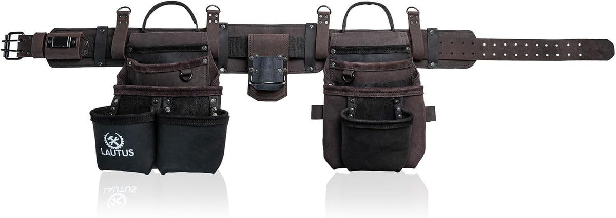 Ceinture porte-équipements LAUTUS en cuir pleine fleur robuste destiné à charpentiers, menuisiers et électriciens, 18 poches, porte-marteau, 2 anneaux en D, 2 passants, clip destiné à mètre ruban, ceinture épaisse