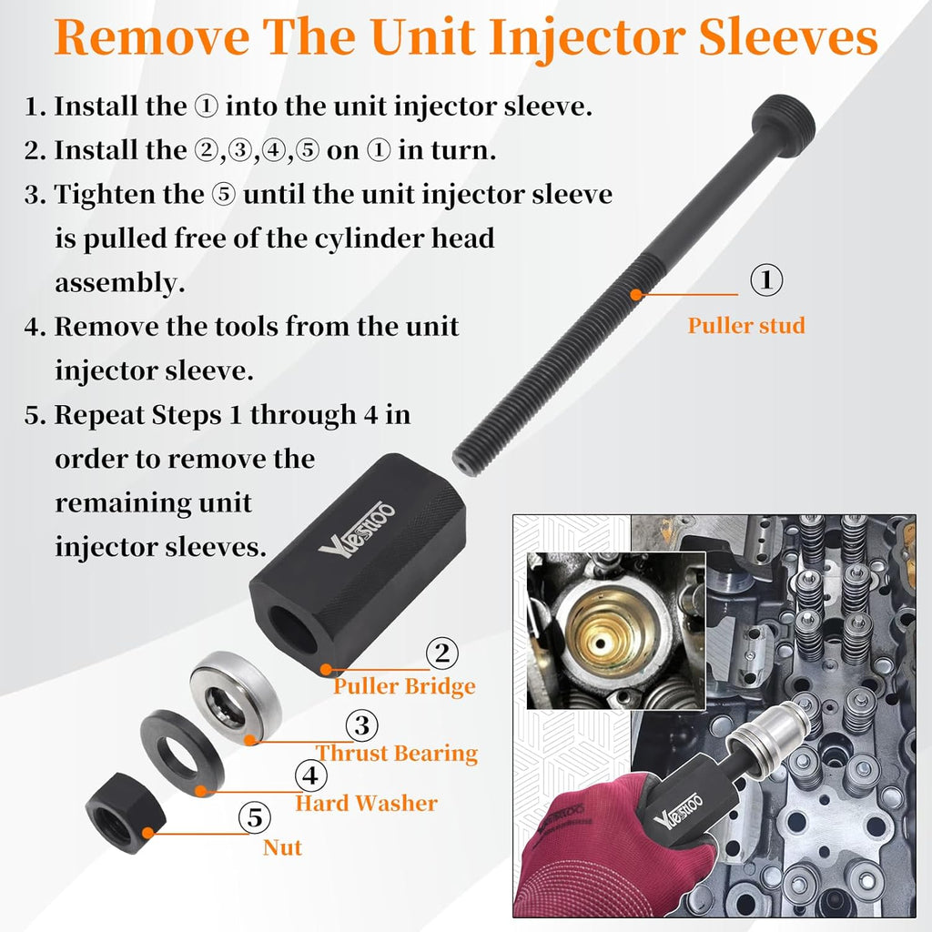 Kit d'installation et de dépose de manchon d'injecteur 9U-6891 + Goupille de calage automatique J-42083 + Dispositif de réglage de la hauteur d'injecteur 9U-7227 + Douille de palier moteur J-38587-A compatible doté de les moteurs CAT Caterpillar...