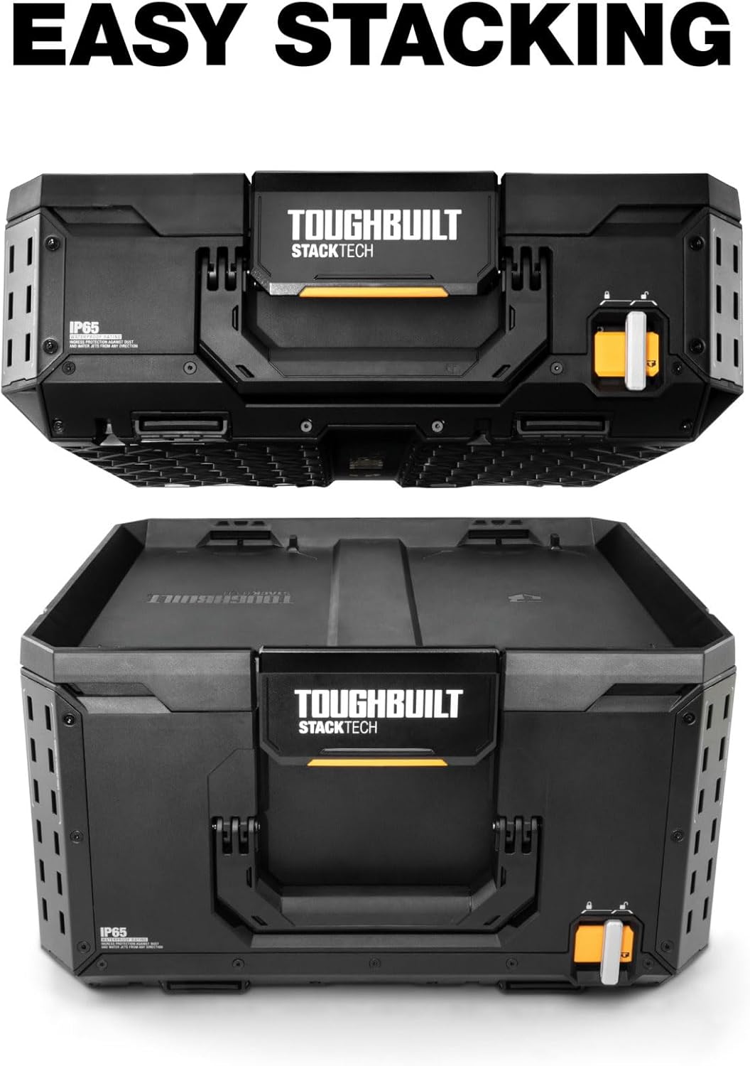 Coffret à outils pratiques ToughBuilt StackTech grand format avec interface à verrouillage automatique, couvercle auto-alignant, loquet à une main, rails pour accessoires, points de verrouillage et protection IP65