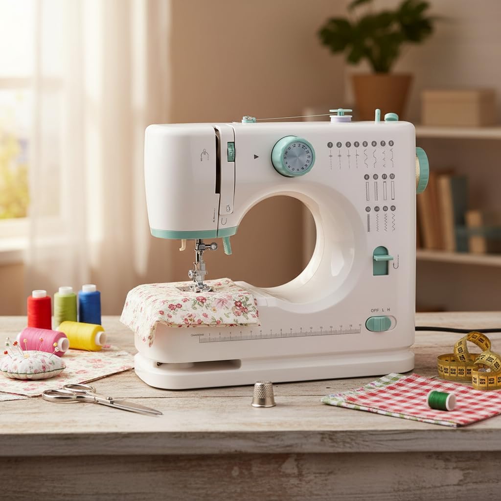 Machine à coudre destiné à débutants, à double aiguille, 16 points intégrés, kit d'accessoires inclus, format compact idéal destiné à les voyages, les réparations de vêtements et le bricolage, doté de pédale.