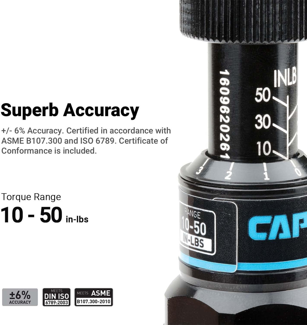 Jeu pour tournevis dynamométriques Capri Tools CP21075 certifié, petit, noir, 10-50 po-lb / Manuel