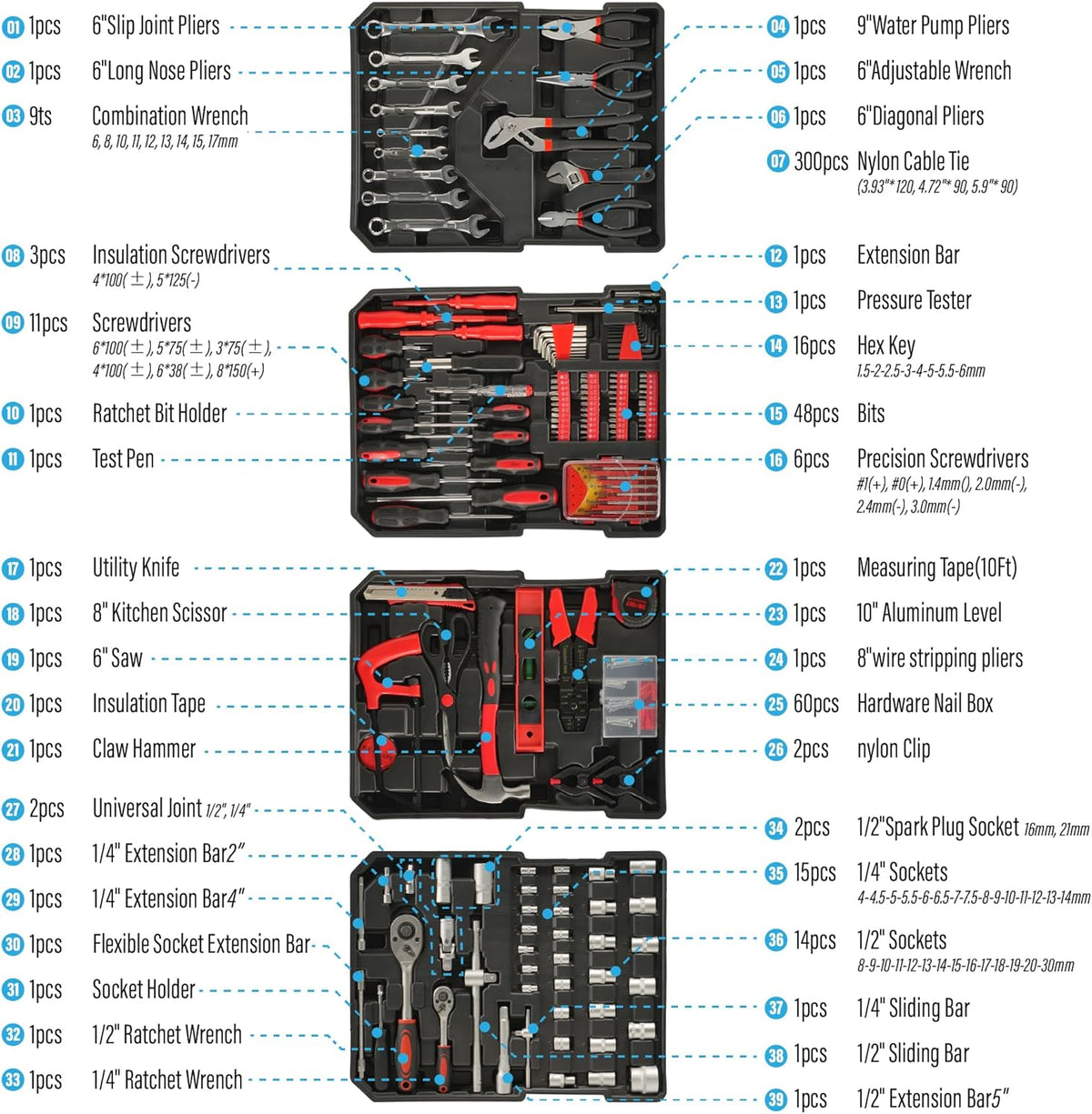 Coffret à équipements trolley en aluminium destiné à homme, 515 pièces, comprenant 4 tiroirs et 4 équipements destiné à la maison, la voiture, le garage et l'entretien. Boîte à équipements doté de roulettes destiné à la réparation automobile.
