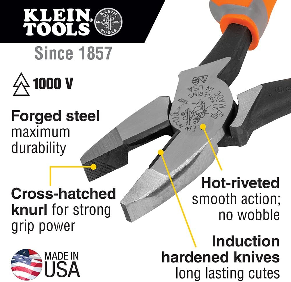 Ensemble pour 3 pinces isolées Klein Tools 9420R 1000V, fabriqué aux États-Unis, comprenant une pince à bec long, une pince coupante latérale et une pince coupante diagonale.