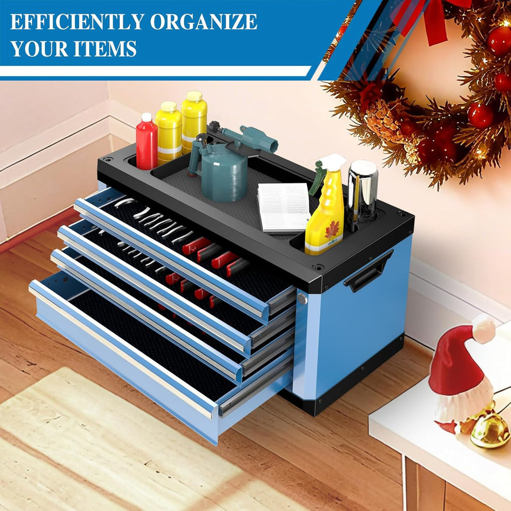 Coffre à outils pratiques à 4 tiroirs avec serrure et clés, coffre à outils portable avec plateau multifonctionnel, tapis de tiroir et trous de fixation, empilable avec les coffres à outils à 5 et 7 tiroirs de la même série pour en créer un plus gran
