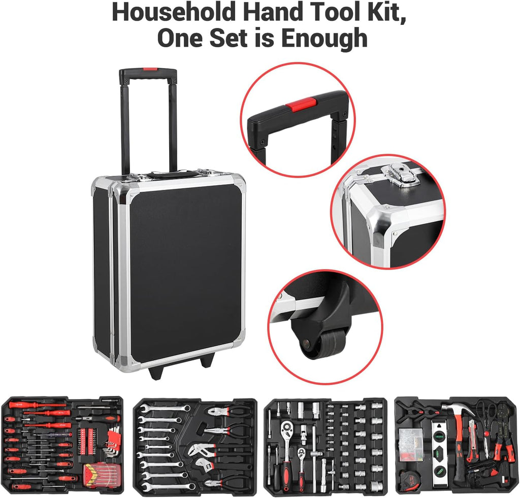 Coffret d'outils de mécanicien de 800 pièces avec valise à roulettes en aluminium, comprenant un ensemble complet de douilles et de clés, ainsi que des outils à main. Coffret à outils portable pour garage, idéale pour la réparation automobile, l'entr