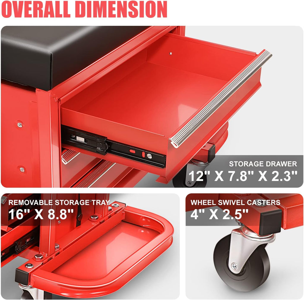 Coffre à outils à 3 tiroirs DNA Motoring TOOLS-00261 avec siège de mécanicien roulant et plateaux à outils, capacité de charge maximale de 159 kg (350 lb), rouge – Pratique