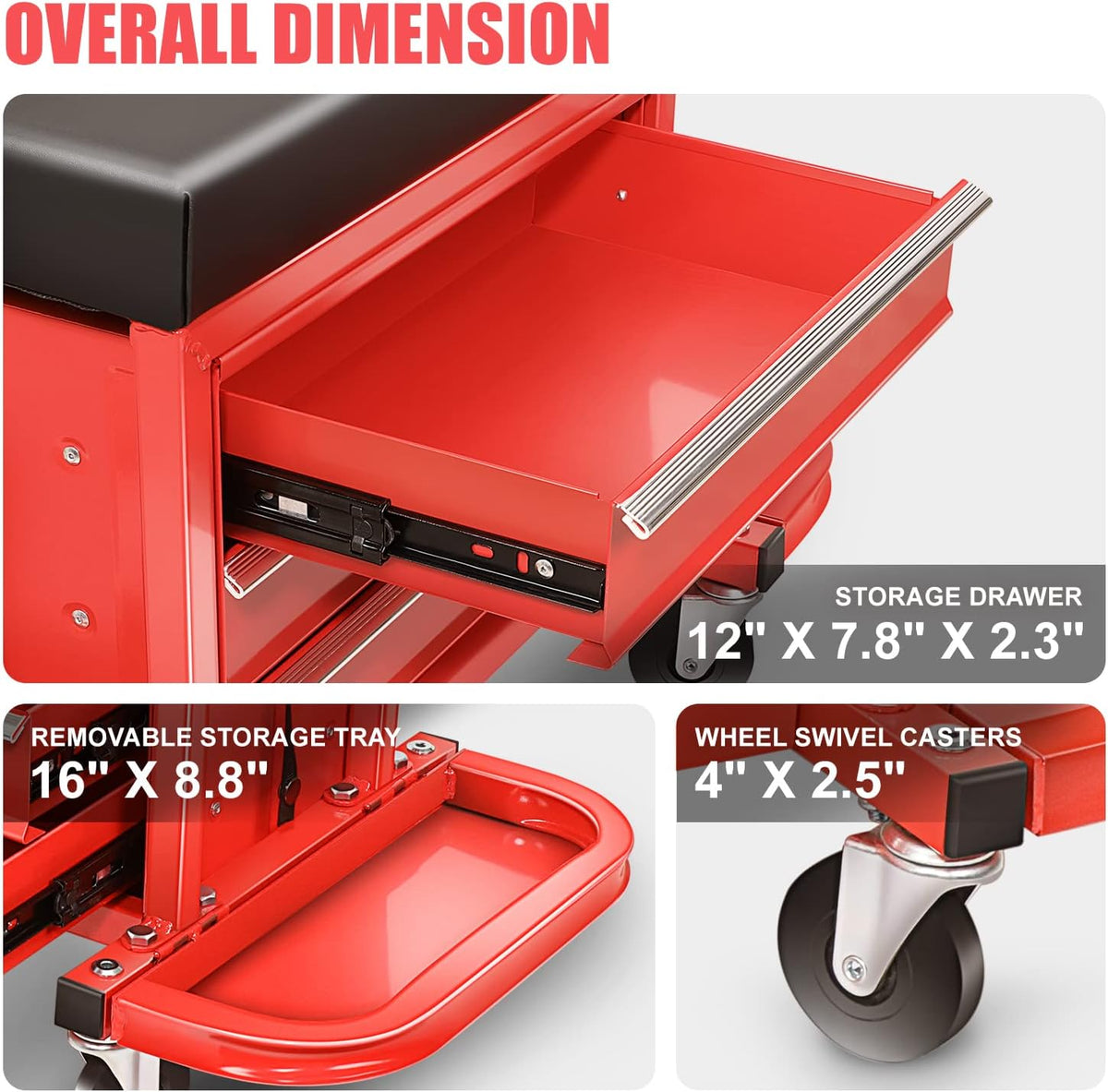 Coffre à outils à 3 tiroirs DNA Motoring TOOLS-00261 avec siège de mécanicien roulant et plateaux à outils, capacité de charge maximale de 159 kg (350 lb), rouge – Pratique