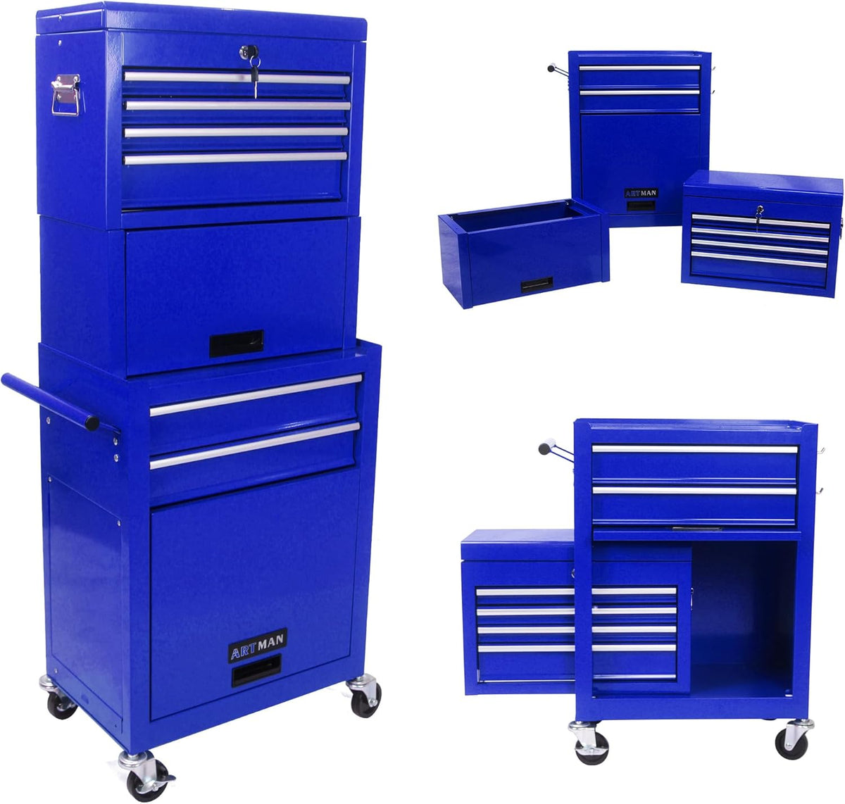 Coffre à outils roulant RYH à 6 tiroirs | Servante métallique robuste avec tiroirs à roulement à billes | Compatible avec les boîtes à outils US General pour le rangement dans le garage (Bleu, 6 tiroirs, 7,6 cm x 132 cm H × 53 cm L)