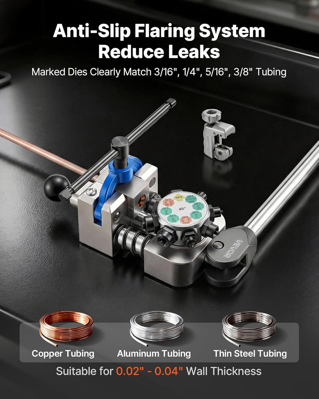 Dispositif d'évasement de conduites de frein pour usage professionnel VEVOR, kit d'évasement à double évasement à 45 degrés destiné à tubes minces en cuivre, aluminium et acier de 3/16, 1/4, 5/16 et 3/8 pouces