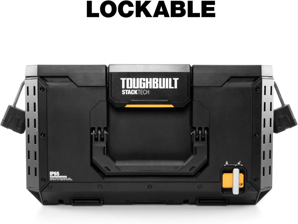 Coffret à outils pratiques ToughBuilt StackTech grand format avec interface à verrouillage automatique, couvercle auto-alignant, loquet à une main, rails pour accessoires, points de verrouillage et protection IP65